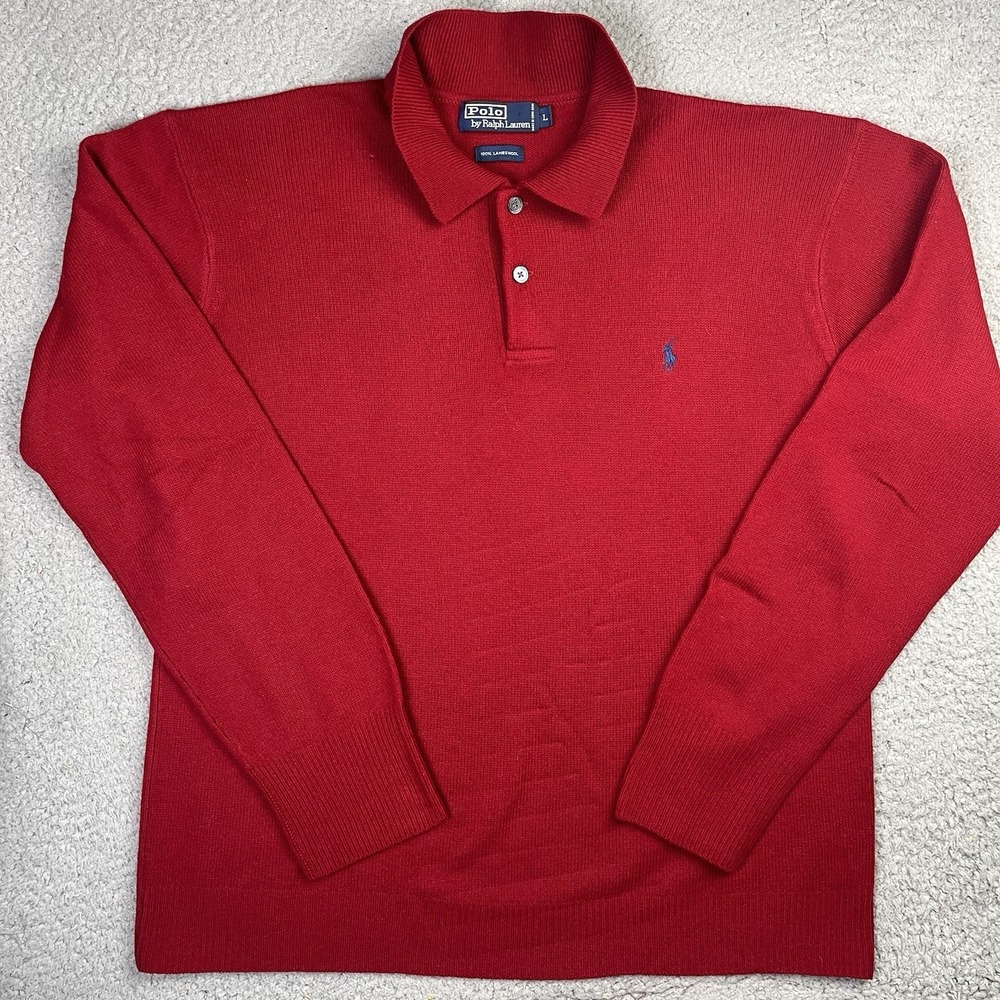 Polo Ralph Lauren Sweater Shirt Mens L Red 100% Lambs Wool Pony Long Sleeve Polo